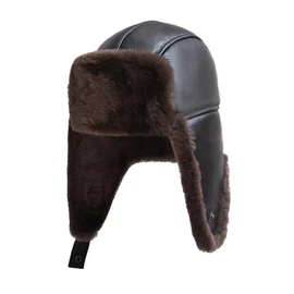 MGGMOKAY Unisex Lambskin Shearling Winter Hat, Aviator Hat, Russian Ushanka Trapper Winter Fur Hat, brown