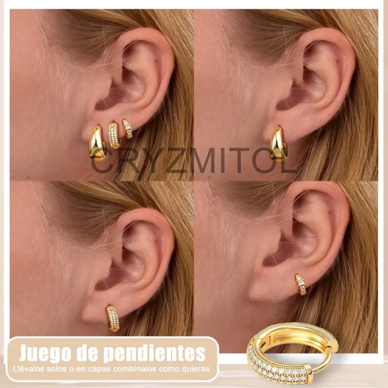 Cryzmitol 3pzs Aretes Mujer Niñas Oro Con Zirconias,joyería Moda Regalo