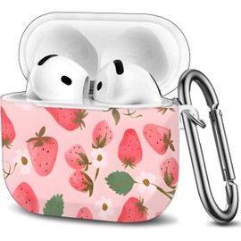 Case Compatible with AirPod 4th Generation 2024,Shockproof Protective Case Cover with Keychain for Women Men,Wireless Accessorie Charging Cases for Airpod 4th - Cute Pink Strawberry