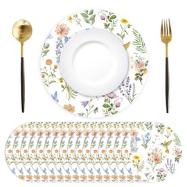 Paper Placemats Disposable 50 Pack Vintage Flower Bird Placemats 13.4 Inch Wildflower Place Mats Round Decorative Seasonal Floral Table Mats for Spring Summer Party Table Setting