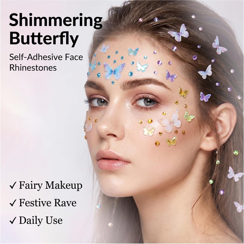 5 Sheets Colorful Butterfly Face Gems, Self-Adhesive Butterfly Gems