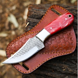 ADAM KNIVES Handmade Damascus Steel Hoof Rasp Knife, 7 Inch Fixed Blade, Turquoise Handle with Pancake Leather Sheath (Red Resin)