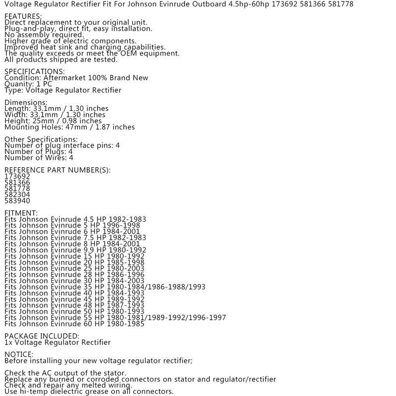 Regulator Rectifier for Johnson Outboard 4.5-60 HP Evinrude 9.9-60PS 173692