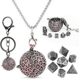 Mini DND Dice Set, D100 Hollow Metal Dice Necklace, 7PCS Tiny D&D Dice with Keychain for Dungeons and Dragons, RPG, Portable Dice Case(Ancient Red Copper) - Color: Antique Silver Red Points