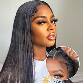 FACMOOD Real Wear and Go Glueless Wig Human Hair Straight, 6x4 Pre-Cut Lace Glueless Wigs Pre-Plucked, HD Transparent No Glue Lace Front Closure Wigs for Women 200% Density 28 inch