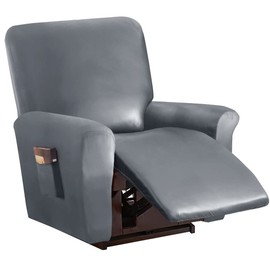 vctops 4 Pieces Waterproof Faux PU Leather Recliner Slipcovers Stretch Soft Sofa Couch Cover Anti-Slip Furniture Protector with Elastic Bottom for Kids Cats Dogs(Grey,1 Seat)