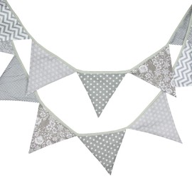 Double-Sided Bunting Garland Fabric, 3.3 m Colourful Fabric Garland, Cotton Bunting with 12 Pieces Fabric Bunting for Children's Room, Indoor and Outdoor Party, Grey
