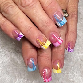 MISUD Summer Press on Nails Short Square Fake Nails Glossy Glue on Nails Colorful French Tip Acrylic Nail Supplies Squoval Artificial Nail Art Bling Glitter Stick on False Nails with Design DIY 24 pcs