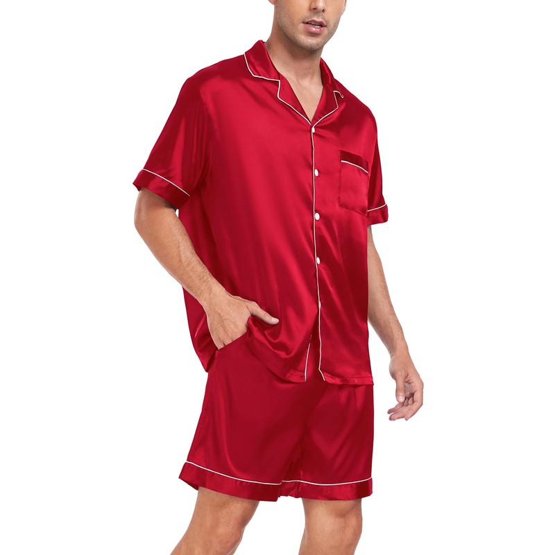 SWOMOG Men Satin Silk Pajamas Sets Short Sleeve Sleepwear Button-Down