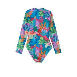 Gottex Girls Kids Long Sleeve Zip Front One Piece Swimsuit Chlorine Fade Resistant and Built-in UPF UV Protection, Multicolor