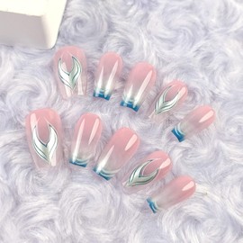 Mermaids Cat Eye Press on Nails 30Pcs Curve Line False Nails Glossy Blue Gradient Cat Eye Acrylic Fake Nails Gel Glue on Nails for DIY Manicure Stick on Short Coffin Nails for Coquette Women Girls