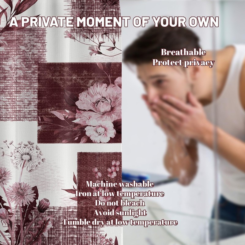 DLTAY Burgundy Patchwork Shower Curtain, 72x72 in