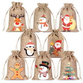 24 Pack Christmas Linen Bags with Drawstrings, 8 Designs Small Burlap Gift Bags Bulk for Gifts, Treats, Candies, Goodies, etc…