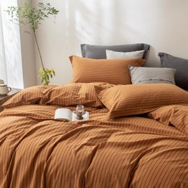 BDEAR Pinstripe Duvet Cover Queen Size 90''W x 90'' L, 100% Washed Cotton Burnt Orange and Black Striped Duvet Cover with 8 Ties and Zipper Closure Plus 2 Pillowcases, Oeko TEX Standard Certificated