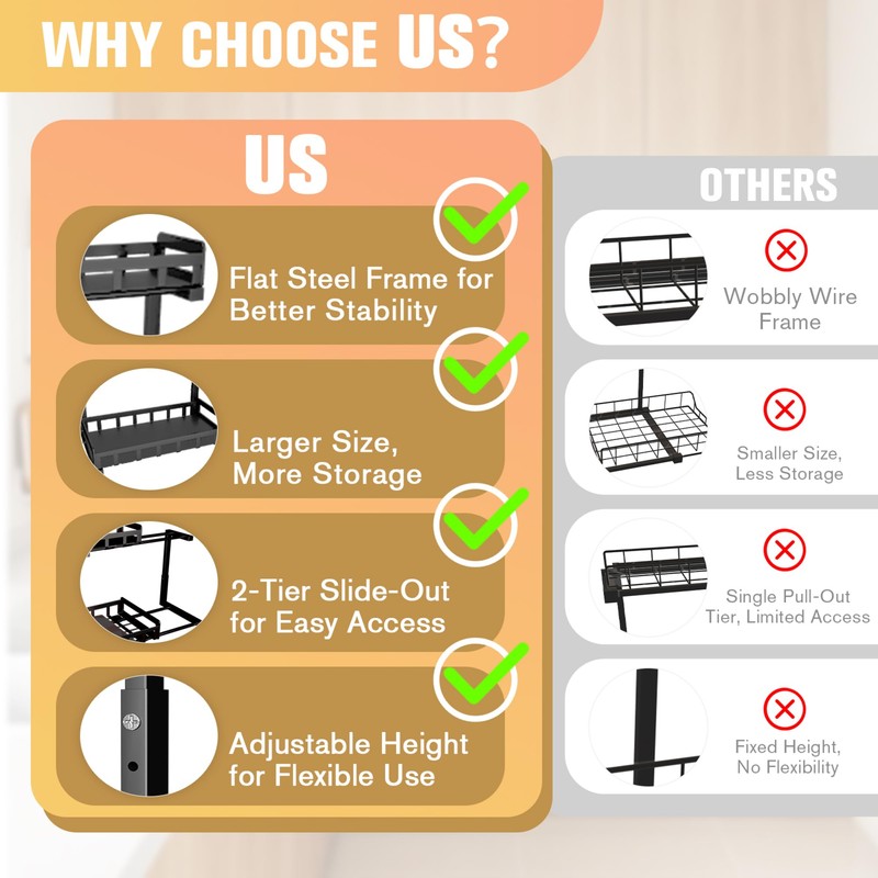 Under Sink Organizer 2 Pack, Metal Large Capacity 2-Tier Sliding