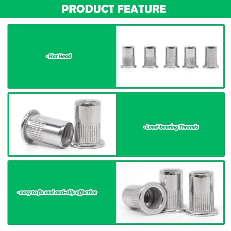 Yauhar 60Pcs M8 304 Stainless Steel Rivet Nuts, Flat Head
