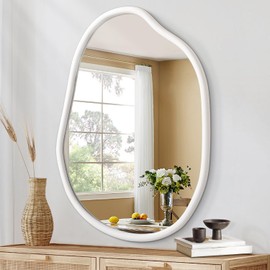 HLFMVWE Irregular Mirror for Wall Asymmetrical Wood Frame Modern Unique Wall Mirror Decorative Bathroom Entryway Living Room Bedroom Vanity Hallway Artistic Mirror White 20"x16"