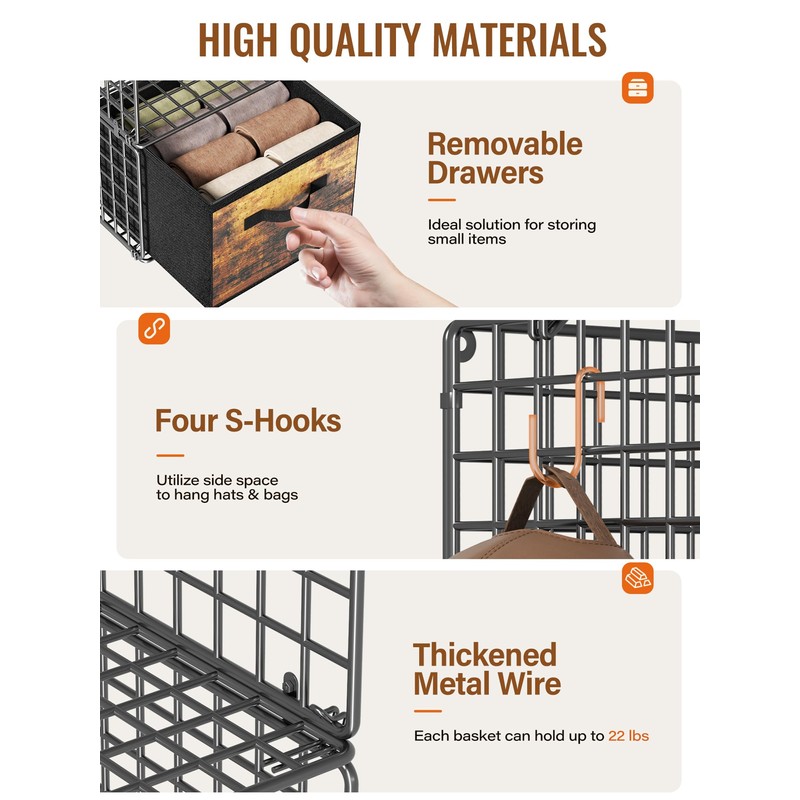 Closet Hanging Organizer with Drawers, 6 Tier Metal Closet Organizers