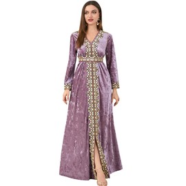 Abaya Dress for Women Velvet Dress Long Sleeve Embroidery Moroccan Maxi Robe Kaftan Dresses Turkish Arabic Islamic Clothing Middle East Modest Muslim Clothes for Women Prayer Dress Taro Purple XXL