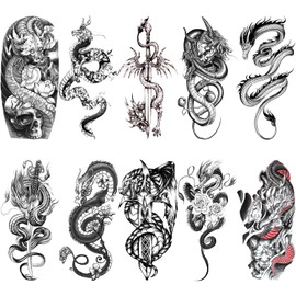Dragon Temporary Tattoos for Men Half Arm Sleeve, Realistic Large Flower Sword Dragon Fake Tattoo Sticker Adult Boy Forearm, Waterproof Black 3D Temp Tatoo Shoulder Body Art, 10-Sheet