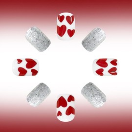 24Pcs Valentine's Day Press on Nails Short Square Fake Nails Silver Glitter Heart Acrylic Nails Press ons Glue on Nails Valentines Stick on Nail Full Cover False Nails for Women DIY Romantic Nail Art
