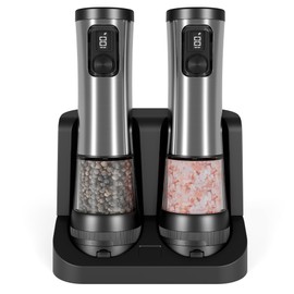 Electric Salt and Pepper Grinder Set, Upgraded 2-Speed Setting, External 5 Adjustable Coarseness, Battery Display Rechargeable Base, Stainless Steel Automatic Salt & Pepper Shakers Mill with LED Light