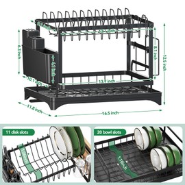 QECOUI 2 Tier Dish Drying Rack for Kitchen Counter, Dish Drainers for Kitchen Counter with Drainboard, Metal Kitchen Dish Rack with Drain, Kitchen Drying Rack Two Tier, Black Dish racks (Black)