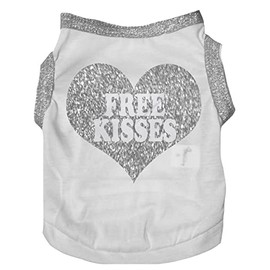 Petitebella Camisa para perro con diseño de corazón «Free Kisses», color blanco y plateado, talla S