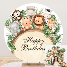 OERJU Wild Animals Happy Birthday Round Backdrop Cover Jungle Safari Themed Round Backdrop Kids Children 1st 2nd 3rd Birthday Party Decoration Circle Arch Backdrop Cover Photo Booth Background 6.5ft