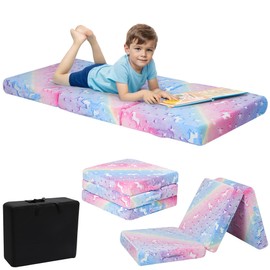 MeMoreCool Glow Rainbow Unicorn Foldable Floor Mattress for Kids, Trifold Nap Mat for Toddlers, Portable Daycare Sleeping Futon or Floor Bed, 75x25 Inch