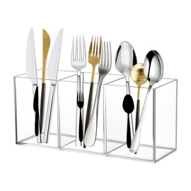 Gzsekken Kitchen Utensils Holder Utensil Holder Acrylic Cutlery Holder with 3 Storage Compartments Kitchen Utensils Organiser Cutlery Caddy Cooking Tools Storage for Countertop-Clear