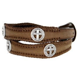 Antique Silver Cross Conchos Crazy Horse Scalloped Genuine Leather Western Belt 1"(25mm) Wide (Brown, 48)