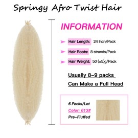 FFDDear 6 Packs Pre-Separated Springy Afro Twist Hair 24 Inch Spring Twist Hair Blonde Marley Twist Crochet Braiding Hair for Soft Locs Hair Synthetic Hair Extensions for Women (24Inch,613)