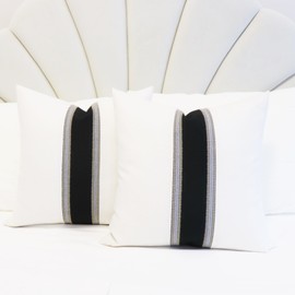 Slow Cow Pack of 2 Linen Off White and Black Patchwork Throw Pillow Covers Decorative Cushion Covers Square 20 x 20 Inches