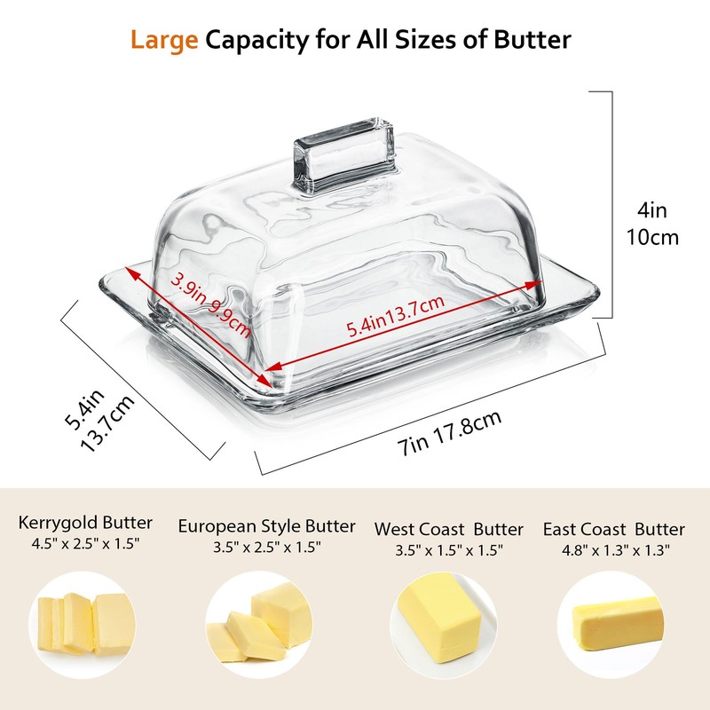 QFkris Clear Glass Butter Dish with Cover for Countertop, 7"