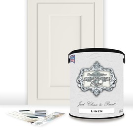 ALL-IN-ONE Paint, Durable cabinet and furniture paint. Built in primer and top coat, no sanding needed. Includes our 30 featured color card - Linen (off-white), Gallon