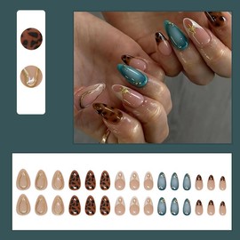 MouyouGlow Press on Nails Short, Almond Nude Leopard French 3D Aura Stars Spring Autumn Gold Pearl Fake Nails with Nail Glue, Brown Spring Autumn Acrylic Artificial Fingernails