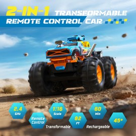 ENEPHE 2-in-1 Remote Control Car with Transform Launcher Track C 1:16 RC Monster Truck Toys 2.4GHz, Self-Standing 360 Flips Towing Mini Cars & Electric Scoring Gate Truck Gift for Kids Boys Girls Age 4-12