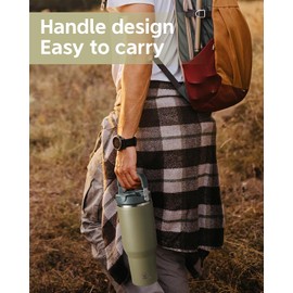 Gpeng 30 oz Tumbler with Handle, Water Bottles with Straw Lid, Insulated Stainless Steel Travel Mug Cup Holder Friendly, Keep Drinks Cold or Hot for 48+ Hours (ArmyGreen, 30 OZ)