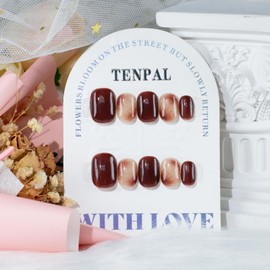 TENPAL Amber Caramel Blending Press on Nails Short Square Acrylic Nails Press Ons for Autumn and Winter Glossy Full Cover Brown Gel Fake Nails with Glue 10pcs/box Glue on Nails Short Daily Wear(XS)