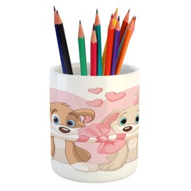 Lunarable Dog Lover Pencil Pen Holder, 2 Valentine Dogs Holding an Ornate Bone Romantic Love Couple Happiness, Printed Ceramic Pencil Pen Holder for Desk Office Accessory, Pale Pink Cream