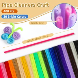 POIKSHARK 400 PCS 20 Colors Thick Pipe Cleaners Craft, Multi-Colored Chenille Stems for Craft Supplies & Materials, Fuzzy Pipe Cleaners Bulk for DIY Arts Projects, Rainbow Pipe Cleaners(12inch*6mm)
