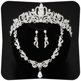 TRIFODE Tiaras and Crowns for Women, Quince Crown Coronas Necklace Earrings Set, Crystal Quinceanera Crown Wedding Jewelry Set Tiara Set for Bridal Birthday Accessories Gift Cosplay Prom(Silver)
