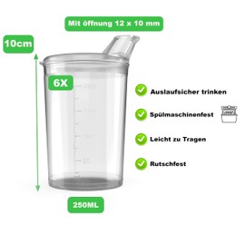 Sippy Cups with Lids 250 ml Sippy Cups Seniors Transparent Set of 6 Cups with 6 x Lids Opening 12 x 10 mm Drinking Cup with Lid Drinking Cup Baby (Transparent)