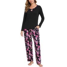 GYS Bamboo Viscose Pajamas Set for Women Crew Neck Long Sleeve Sleepwear Soft Loungewear Set, Black/Flowers, Medium