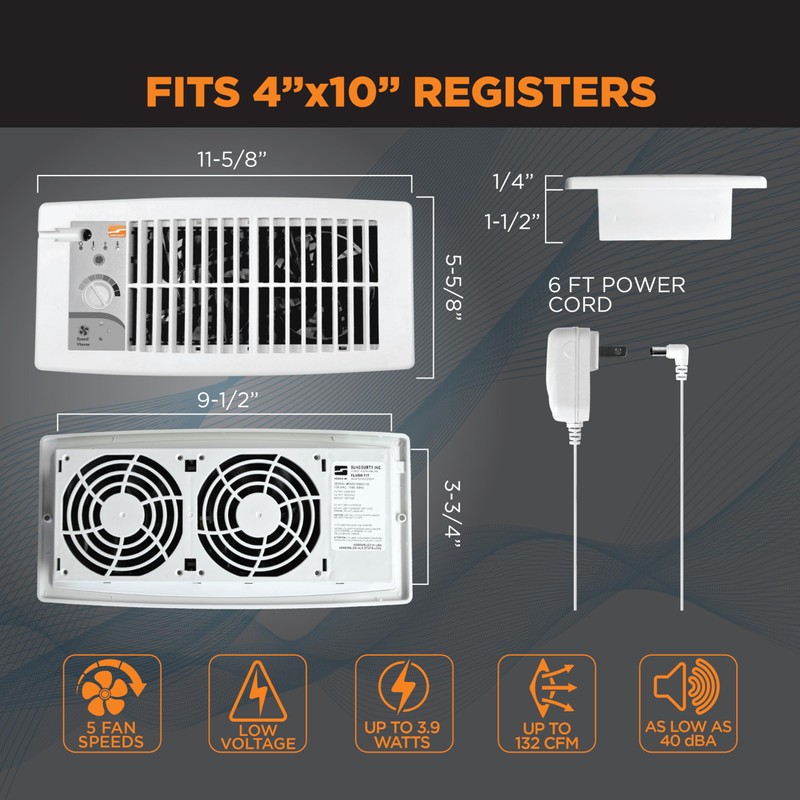 Suncourt Flush Fit Floor/Wall Register Booster Fan — Ultra-Quiet, 5-Speed