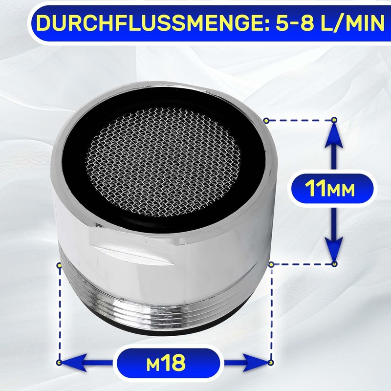 Aerator for taps with connection M18. Made of chrome-plated brass.