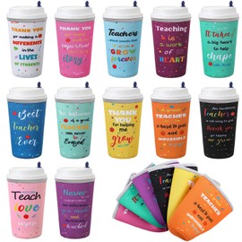 Nuogo 12 Pcs Teacher Appreciation Gifts Bulk Reusable Iced Coffee Sleeve Insulator Cup Sleeve Cold Hot Drinks Fits Coffee Cups Thank You Teacher Gifts Set Teacher's Day for Teachers