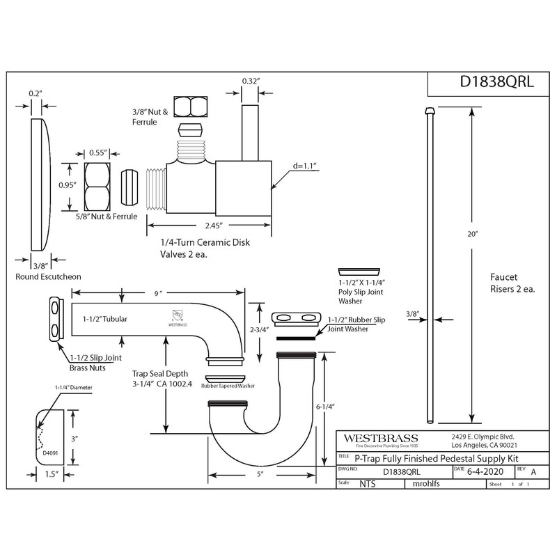Westbrass D1838QRL-01 Freestanding Pedestal Sink Faucet Supply Line Risers with