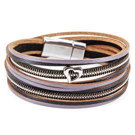 StarAppeal Women’s Leather Wrap Bracelet with Silver Heart, Chain and Magnetic Clasp, Silver